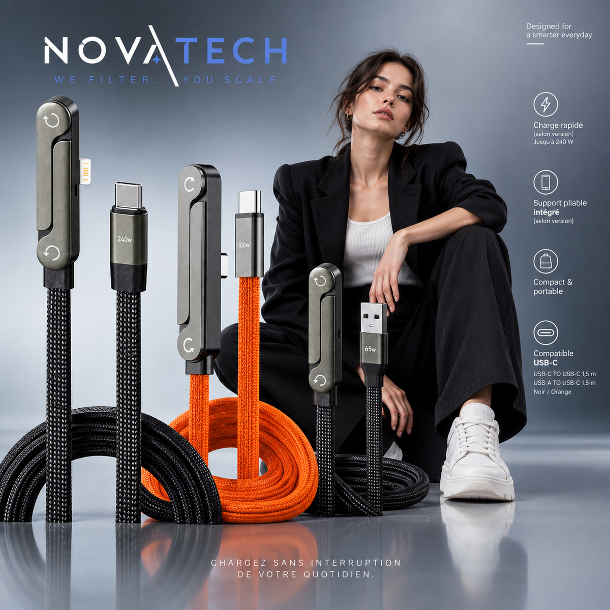 NovaCab™ - Câble de Charge Tressé avec Support Téléphone Intégré