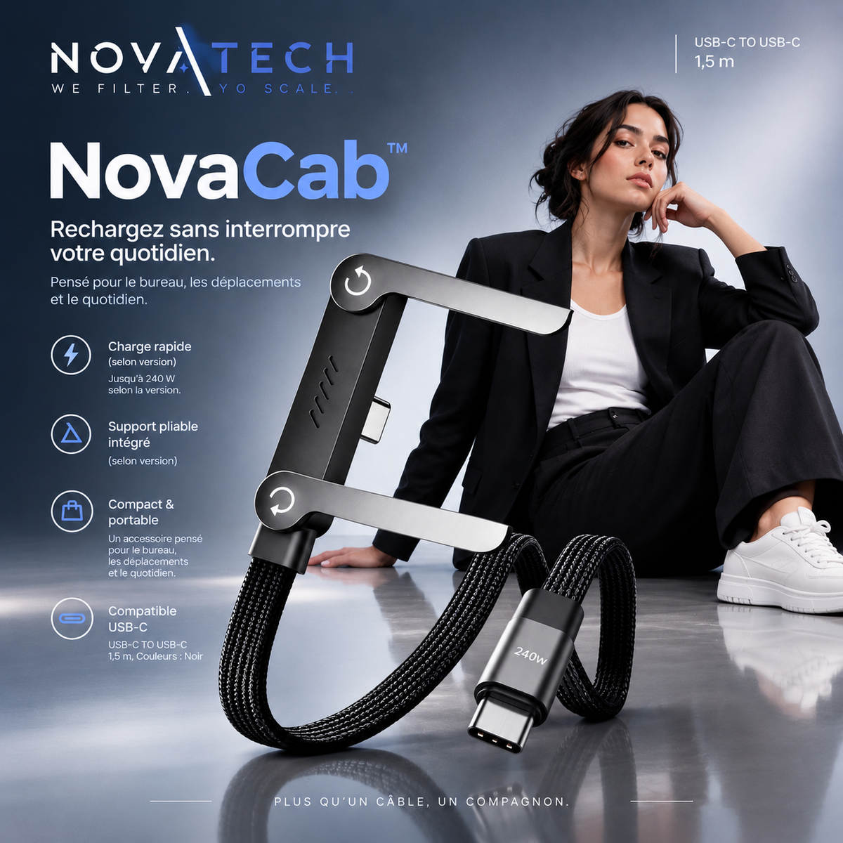 NovaCab™ - Câble de Charge Tressé avec Support Téléphone Intégré